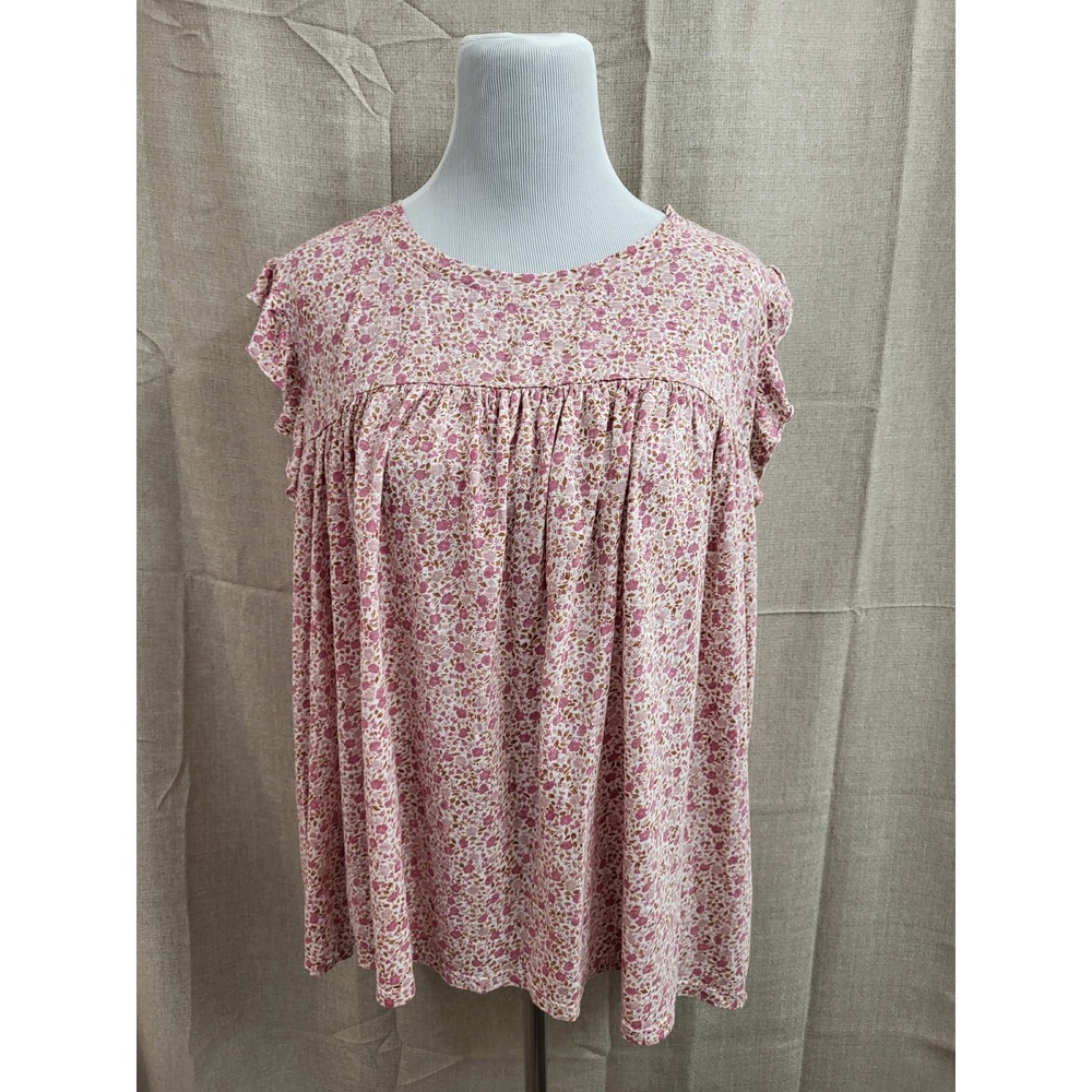 Wonderly Womens 3X Pink Floral Ruffle Sleeve Babydoll Blouse Top Cotton Modal